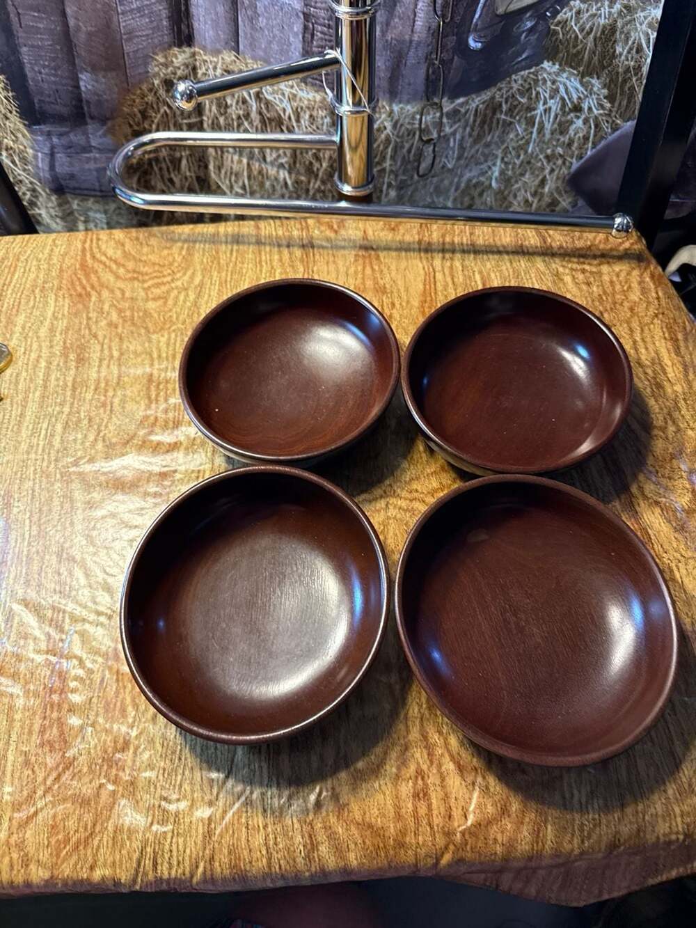 Set of 4 Vintage Mid-Century Modern Vermillion Hand Carved Walnut Wood Bowls